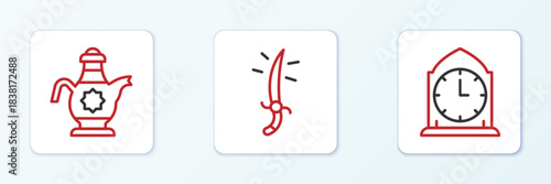 Set line Clock, Islamic teapot and Arabian saber icon. Vector