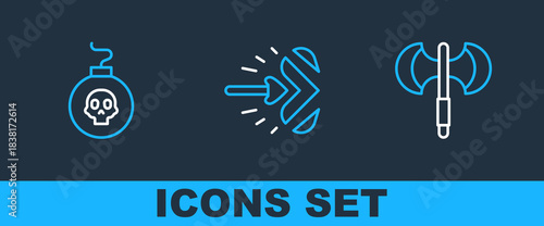 Set line Medieval poleaxe, Bomb ready to explode and Magic arrow icon. Vector