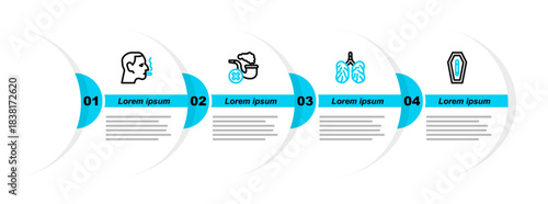 Set line Death from smoking, Disease lungs, Smoking pipe with smoke and Man cigarette icon. Vector