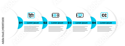 Set line Subtitles, Online play video, Selfie on mobile and Music equalizer icon. Vector