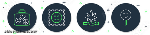 Set line LSD acid mark, Marijuana joint, spliff, Suitcase for travel and Smile face icon. Vector
