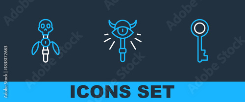 Set line Old key, Magic staff and icon. Vector