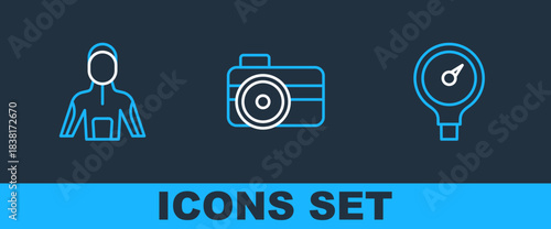 Set line Gauge scale, Wetsuit for scuba diving and Photo camera diver icon. Vector