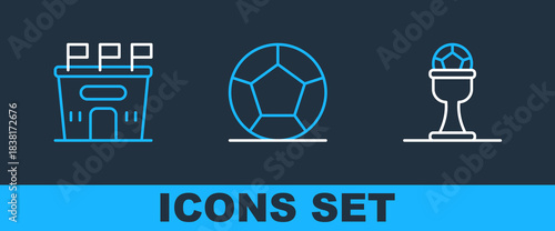 Set line Award cup and football ball, Football stadium and Soccer icon. Vector