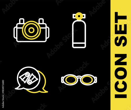 Set line Aqualung, Glasses for swimming, Flippers and Photo camera diver icon. Vector
