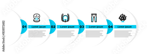 Set line Coral, Wetsuit for scuba diving, Diving mask with snorkel and Pearl icon. Vector