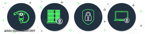 Set line Server security with lock, Shield, Electric scooter and Laptop and icon. Vector
