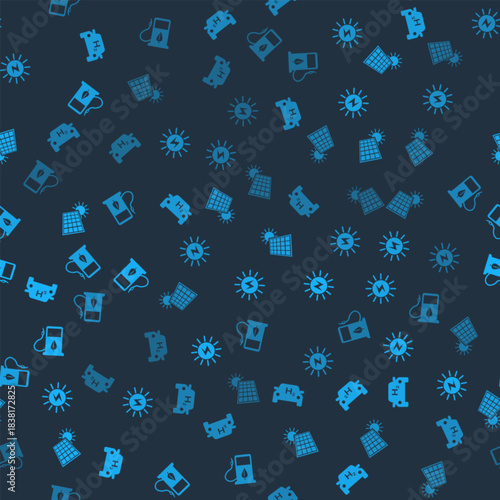 Set Hydrogen car, Solar energy panel, and sun and Bio fuel with fueling nozzle on seamless pattern. Vector