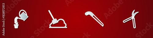 Set Watering can, Shovel the ground, Garden saw and Gardening handmade scissor icon. Vector