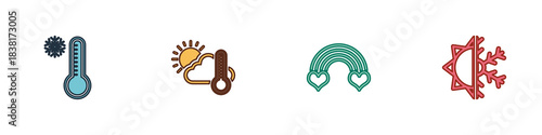 Set Meteorology thermometer, Thermometer and cloud, sun, Rainbow with heart and Sun snowflake icon. Vector