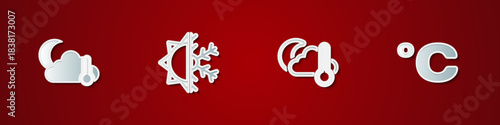 Set Thermometer and cloud, moon, Sun snowflake, and Celsius icon. Vector