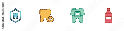 Set Dental protection, Tooth whitening concept, Teeth with braces and Mouthwash bottle icon. Vector