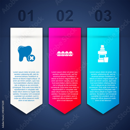 Set Tooth with caries, Teeth braces and Mouthwash bottle. Business infographic template. Vector