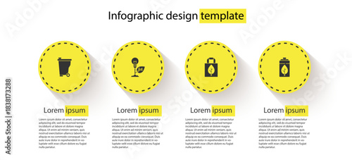 Set Trash can, Light bulb with leaf, Shopping bag recycle and Eco nature and battery. Business infographic template. Vector