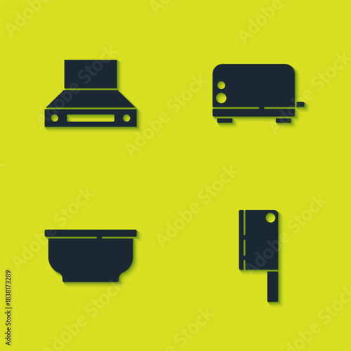Set Kitchen extractor fan, Meat chopper, Bowl and Toaster icon. Vector