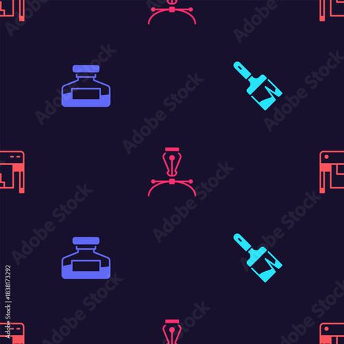 Set Paint brush, Ink bottle, Fountain pen nib and Plotter on seamless pattern. Vector