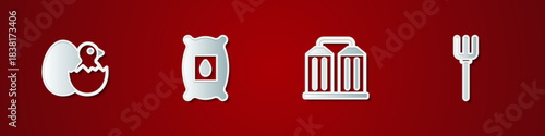Set Little chick in cracked egg, Pack full of seeds of plant, Granary and Garden pitchfork icon. Vector