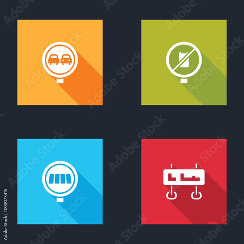 Set No overtaking road traffic, cell phone, Pedestrian crosswalk and Road sign icon. Vector