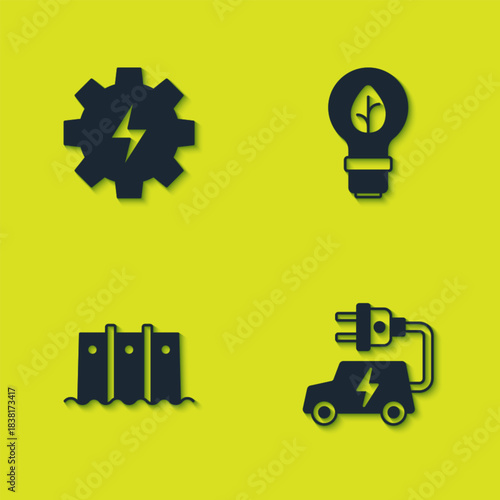 Set Gear and lightning, Electric car, Hydroelectric dam and Light bulb with leaf icon. Vector