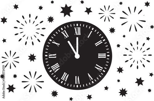 Black clock with Roman numerals surrounded by starbursts and stars