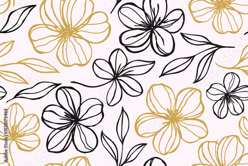 Elegant floral pattern with black and gold hand drawn flowers and leaves seamless botanical line art design for fabric textile wallpaper wrapping paper modern decorative artwork.