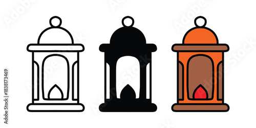 Ramadan Kareem Lantern Clipart. Outline, Silhouette and Color Set
