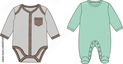 Baby onesie icon set, bodysuit and footed romper designs, infant apparel vector, newborn fashion graphic, children’s clothing concept