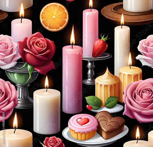 romantic set of burning candles, delicate flowers and sweets on a dark background