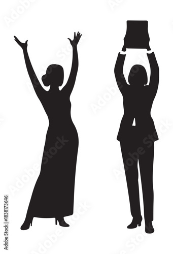 Celebration Woman Silhouettes, Award, Victory, and Success Poses.