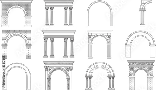 Architectural arch and column set, classical structure icons, historical design styles, vector graphic, building ornament concept, heritage theme