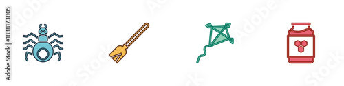 Set Spider, Handle broom, Kite and Jar of honey icon. Vector