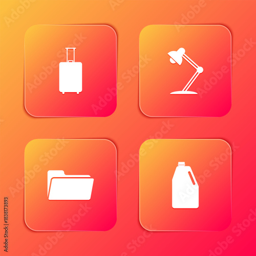 Set Travel suitcase, Table lamp, Folder and Household chemicals bottle icon. Vector