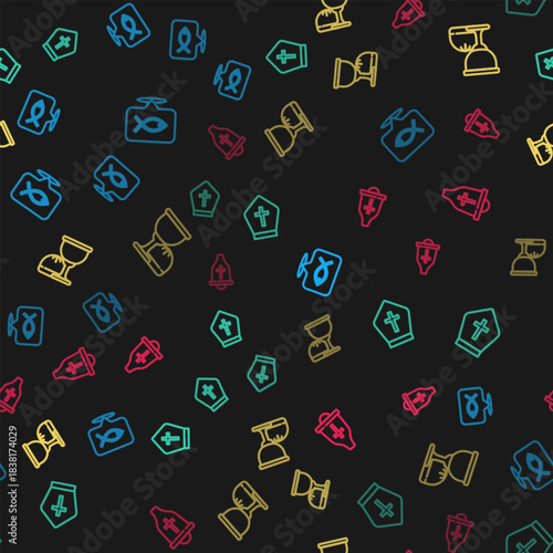 Set line Christian fish, Pope hat, Holy grail or chalice and Church bell on seamless pattern. Vector