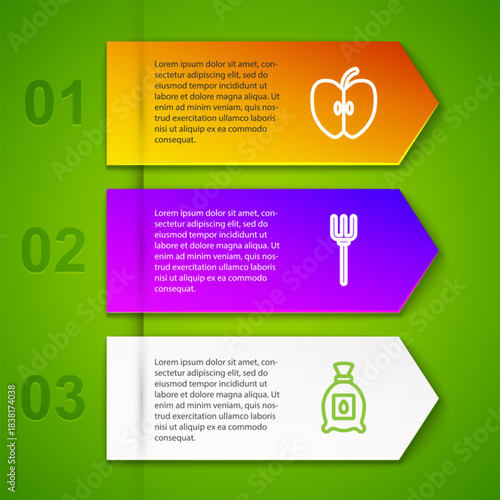 Set line Apple, Garden pitchfork and Pack full of seeds of plant. Business infographic template. Vector