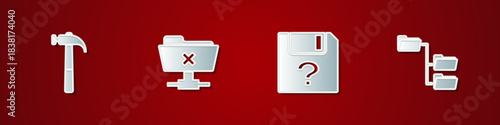 Set Hammer, FTP cancel operation, Unknown document and Folder tree icon. Vector