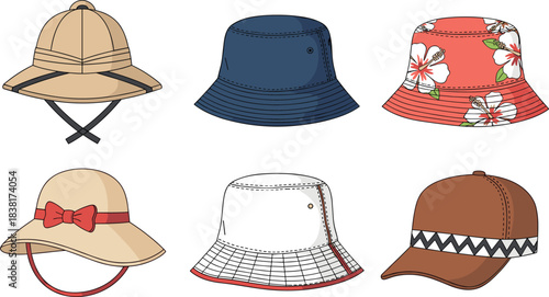 Hat icon set, six diverse styles, bucket, safari, sun, and baseball caps, fashion accessory vector, clothing design concept