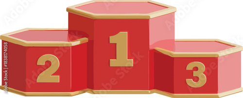 Hexagonal winners podium illustration, red and gold tier design, competition ranking concept, award platform vector, achievement graphic, contest theme