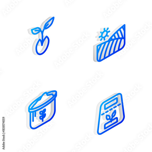 Set Isometric line Agriculture wheat field, Sprout, Bag of flour and Pack full seeds plant icon. Vector
