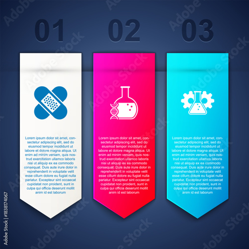 Set Crossed bandage plaster, DNA research, search and Bioengineering. Business infographic template. Vector