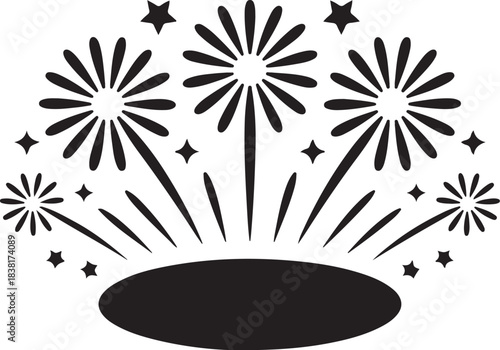 Black fireworks exploding above oval shape explosion