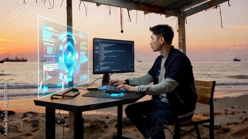 Young Man Working Remotely on Computer with Holographic Display on a Tropical Beach at Sunset.