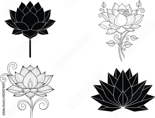 Lotus flower icon set, silhouette and line art styles, decorative botanical illustration, vector graphic, spiritual symbol, floral design concept