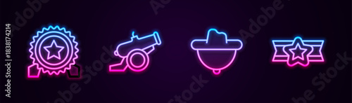 Set line Medal with star, Cannon, Western cowboy hat and Star American military. Glowing neon icon. Vector