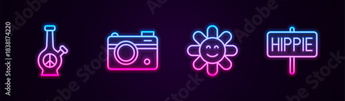 Set line Bong, Photo camera, Flower and Peace. Glowing neon icon. Vector