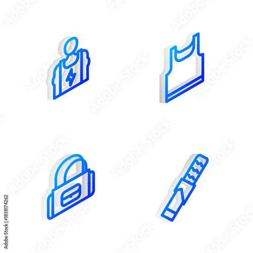 Set Isometric line Sleeveless t-shirt, Bodybuilder, Sport bag and Protein sport bar icon. Vector
