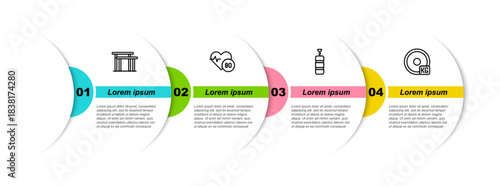 Set line Uneven bars, Heart rate, Punching bag and Weight plate. Business infographic template. Vector