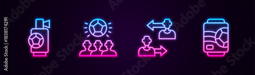 Set line Air horn, Soccer football ball, Substitution player and Beer can. Glowing neon icon. Vector