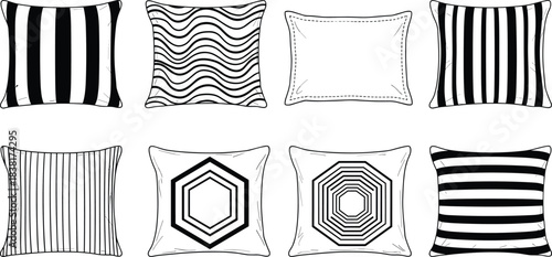 Pillow pattern icon set, black and white geometric designs, decorative textile vector, home decor graphic, interior style concept
