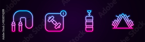 Set line Jump rope, Fitness app, Punching bag and Metal rack with weight. Glowing neon icon. Vector