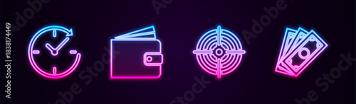 Set line Clock with arrow, Wallet, Target sport and Stacks paper money cash. Glowing neon icon. Vector